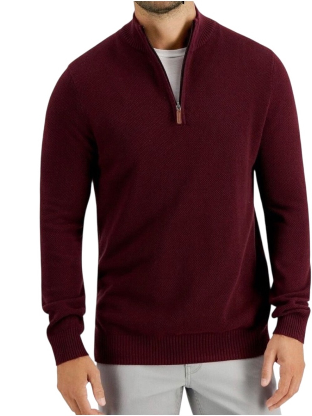 Club Room Mock Neck Quarter Zip Textured Pullover Sweater, Red Plum - NWT